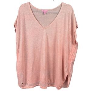 Lilly Pulitzer Women's Pink V-Neck Linen Top Size L Short Sleeve Casual Top
